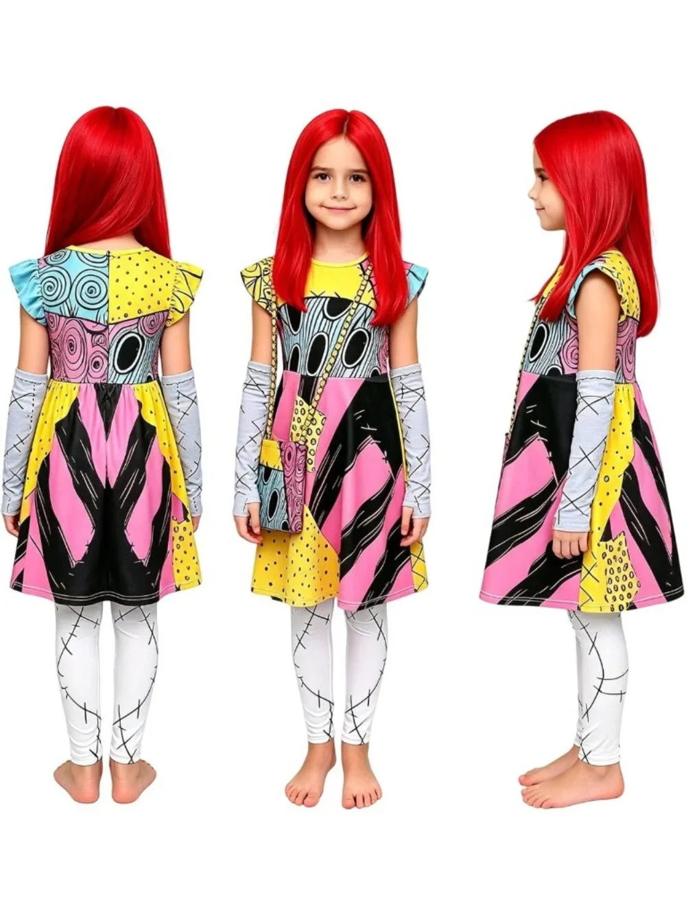 5PCS Kids Sally Costume Set - Girls Christmas Dress, Wig & Accessories for